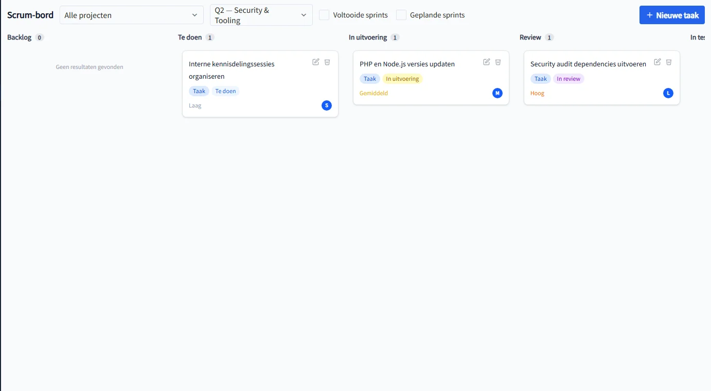PrikKlokPlus Scrum- en Kanban-bord — kolommen Backlog, Te doen, In behandeling, Review en Gereed met drag-and-drop taakkaarten