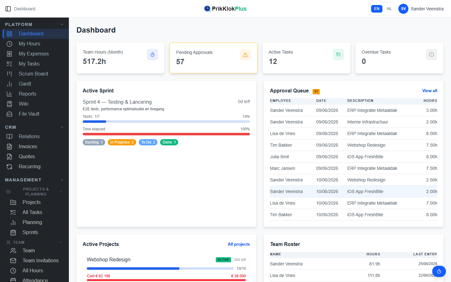 Screenshot of the PrikKlokPlus dashboard showing hours, projects and invoicing — click to view larger